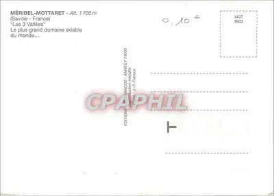 Méribel-Mottaret — widok z góry z pokrywą śniegiem — Wydawnictwo J.-P. Francoz, nr 9503 — Rewers