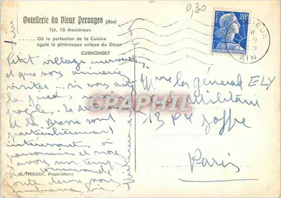 Ostellerie do Velho Perouges — Meximieux — editor C.P. (Cap) — Verso