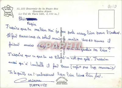 Col de Vars — altitude 2.111 m. — Impressa na França, n° 0110 — Verso