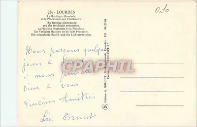 Lourdes — Bazylika oświetlona i Procesja z Fakirami — Wydawnictwo A. DOUCET, Lourdes — Rewers