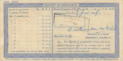National Deposit Certificate — 50 rupees — Karnal, India — publisher: Post Office — Back