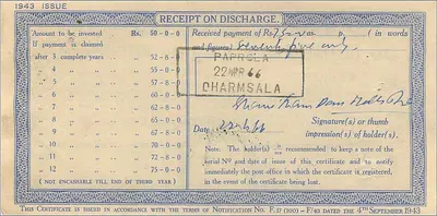 Certificado de depósito nacional de 50 roupias — edição 1943 — editor: Post Office, Kailana — Verso