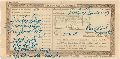 Nationale inzamelingskaart — 5 rupie — uitgave 1944 — uitgever: Post Office, Sector 33, Ambala — Achterkant