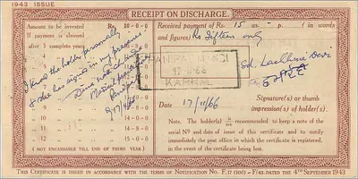 Nationaal postdepositocertificaat — 10 roepie — uitgave 1943 — Karnal, India — Achterkant