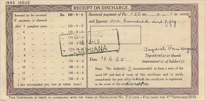National Deposit Certificate — Ludhiana — publisher: Post Office, series NS/505257 — Back