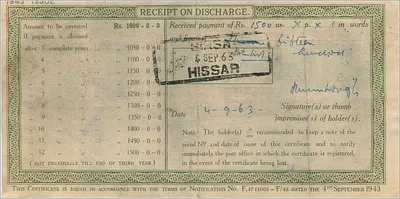 Certificato di deposito nazionale — 1000 rupie — editore: Post Office, Hissar — Verso