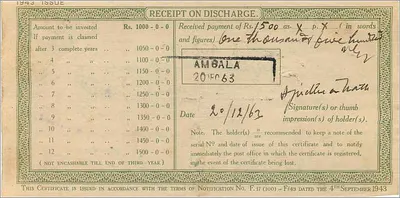 Ambala - National Deposit Certificate — publisher Post Office, series number 435192 — Back