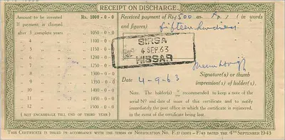 Nationale Deposito-kaart — 1000 roepie — SIRSA — Achterkant