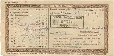 Certificado de depósito nacional de 5 rupias — Karnal Model Town — 1944 — Reverso