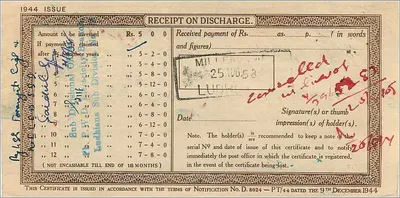 Certificado de depósito nacional de 5 rupias — Correos de Nabha — 1944 — Reverso