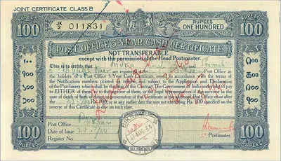 Certificado postal de 100 rupias — 5 años — India — 1934 — Birkham — Reverso