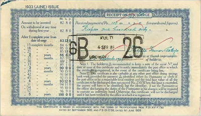 Certificado de pago postal de 100 rupias — edición junio 1933 — Kulti — Reverso