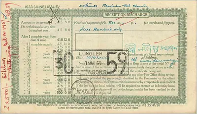 500 Rupee Post Office Money Order — 5 Years — India — Publisher: Post Office — Series No. E 2 508304 — Back