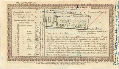 Certificado de caja de 1000 rupias — Oficina de Correos — 5 años — edición 1933 — serie 585906 — Reverso