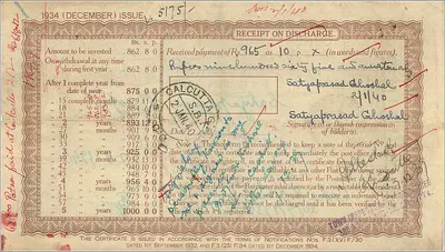Postal Savings Certificate of 1000 rupees — Calcutta — edition 1934 — Back