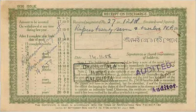 Certificado de tesouraria de 20 roupias — Índia — 1939 — editor: Post Office — Verso