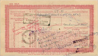 Certificate of 50 Rupees — Post — Calcutta — Series R2 169630 — Back
