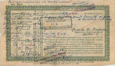 Cash Certificate of 500 Rupees — Post Office Bureau of Bazar, Calcutta — Series H 166349 — Back