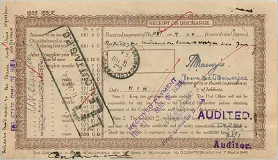 Attached postal savings certificate of 1000 rupees — India — series 130396 — Back