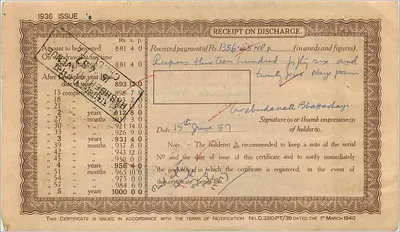 Certificado em espécie de 1000 roupias — Post Office — 5 anos — editor: Government of India — n° de série 406776 — Verso