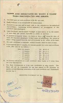 Three-year Certificate — The Bank of Jaipur Ltd. — No. 3435 — Back