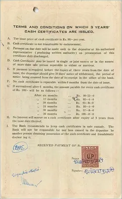 Certificado de caja de 3 años — The Bank of Jaipur Ltd. — N° 3436 — Reverso