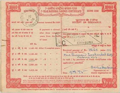 7-Year National Savings Certificate — 1000 Rupees — Second Issue — India — Back