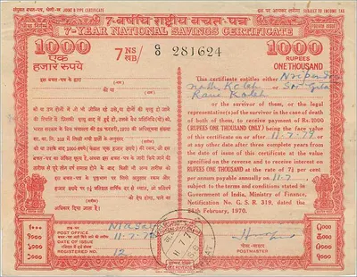 Certificato nazionale di risparmio a 7 anni — 1000 Rupie — Quarta emissione — Narpendra Nath Kohli — Verso