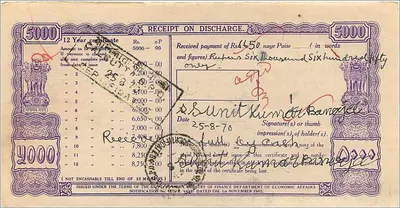 Antieke defensiecertificaat 12 jaar — 5000 roepie — uitgever India Security Press, Calcutta, n° 163166 — Achterkant
