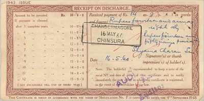 Certificado de depósito nacional da postagem — 10 rupias — Chander nagore — série A 150785 — Verso