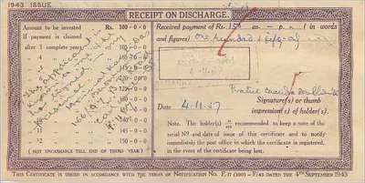 Nationaal depoitsbewijs — 100 roepie — uitgave 1943 — Post Office, Silchen — Achterkant
