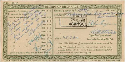 Certificato di deposito nazionale dell'India — 1000 rupie — edizione 1943 — Serie 281778 — Dibengarn — Verso