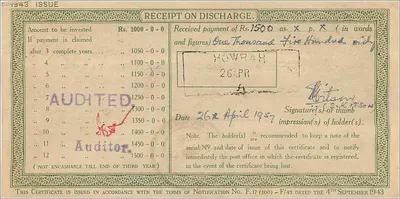 Certificato di deposito nazionale della posta — 1 000 rupie — editore : Post Office, serie NS/ B 031715 — Verso