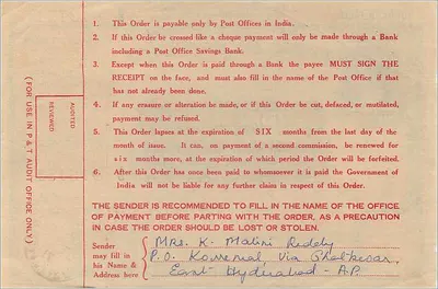 Ordine postale indiano — 50 nayes paise — editore: Indian Postal Commission, serie A5 913151 — Verso
