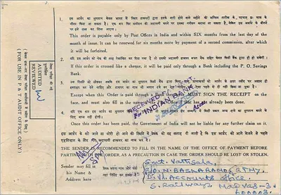 Ordine postale indiano — 20 rupie — editore: Indian Postal Commission — Verso