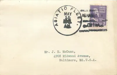 Carta postal da Frota Asiática — Ashan — 15 de maio de 1944 — Selos 3 centavos Thomas Jefferson