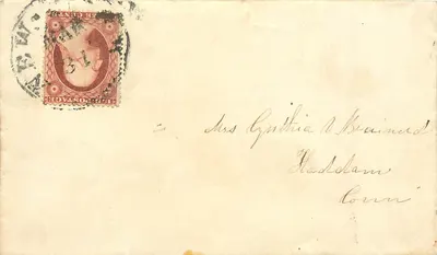 Carte postale à destination de Mrs Cynthia O'Brained à Haddam, Conn. — timbre et cachet postal visibles