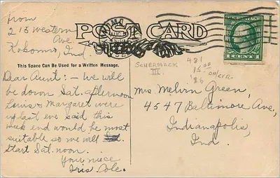 Dwóch mężczyzn pływających w łódce — krajobraz górski — Copyright NY 1908, nr 76 — Rewers