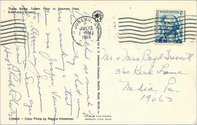Pórtico dos Três Ursos em Saxman Park, Ketchikan, Alaska — Publicado para C. P. Johnson Company, Seattle, Wash. — Verso