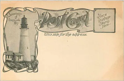 Scena w Riverton — widok budynku nad cieką wodną — pamiątka z Portland, ME — Rewers
