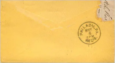 Carta postal amarela — selo de 3 centavos George Washington — datada 1881 — recebimento em Filadélfia — Verso