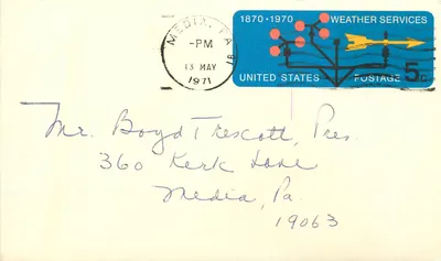 Serviços meteorológicos — 1870-1970 — selo dos Estados Unidos de 5c — Media, PA