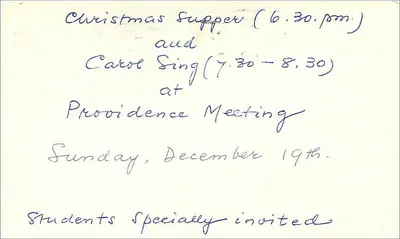 Convite para Evento de Natal — Providence Meeting — Media, PA — 1971 — Verso