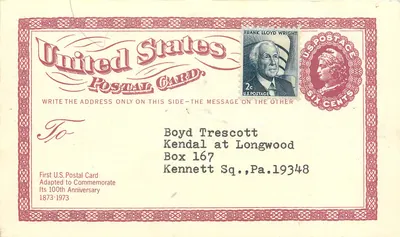 Carte postal comemorativa dos 100 anos do serviço postal americano — Frank Lloyd Wright — editor First U.S. Postal Card
