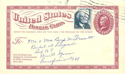 Carte postal comemorativa dos 100 anos dos correios americanos — editor não visível, número de série não visível