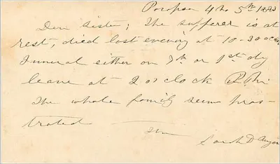 Wilmington, Delaware — Muerte de una hermana — Tarjeta postal estadounidense de 1888 — Reverso