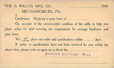 Tarjeta postal comercial — correspondencia de pedido — The D. Wilcox Mfg. Co., Mechanicsburg, Pa. — Reverso
