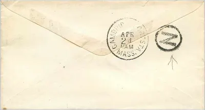 Carta postal enviada de Burn, Maine — selo de 3 centavos, carimbo do dia 28 de abril de 1903 — destinada a Cambridge, Massachusetts — Verso