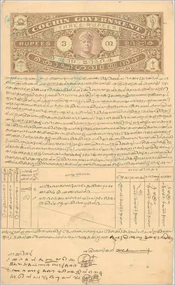कोचीन की पोस्टकार्ड — तीन रूपिया का टिकट — प्रकाशक: कोचीन सरकार