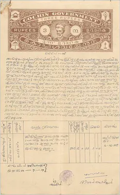 Ansichtskarte der Cochin-Verwaltung — 3-Rupien-Stempel — Rückseite mit Poststempeln und Notizen